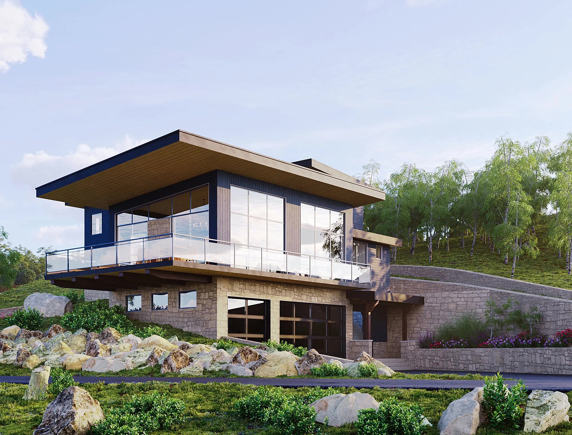 Modern cantilevered home with stone base, dark cladding, and birch trees, set into a Colorado hillside