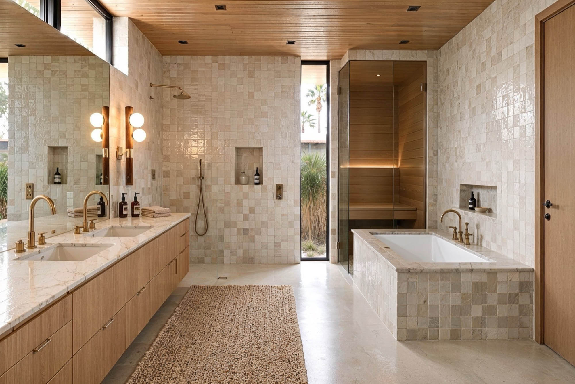 Primary bath with sauna and mass-tile walls