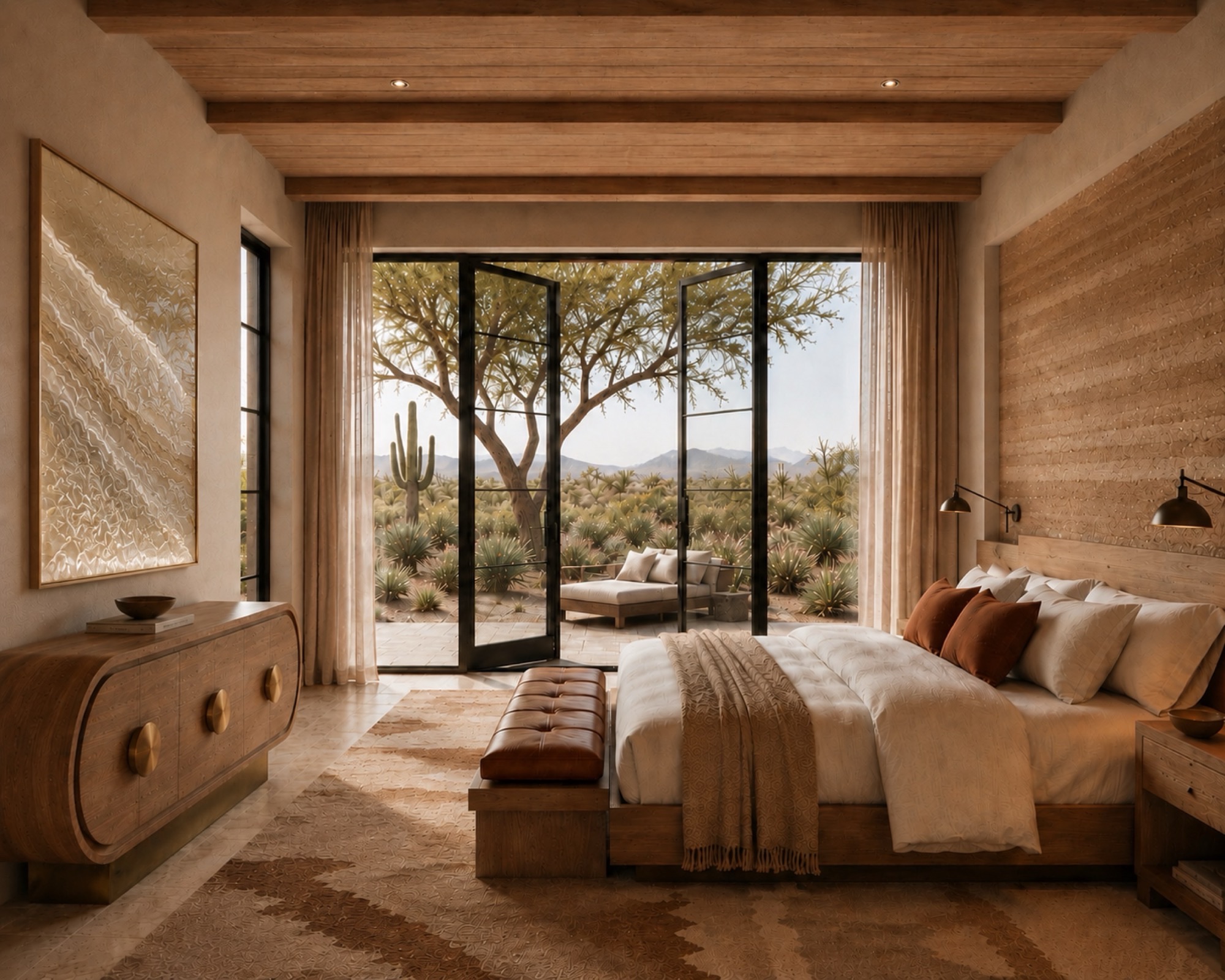 ELEMENT ONE primary bedroom with rammed-earth headboard wall