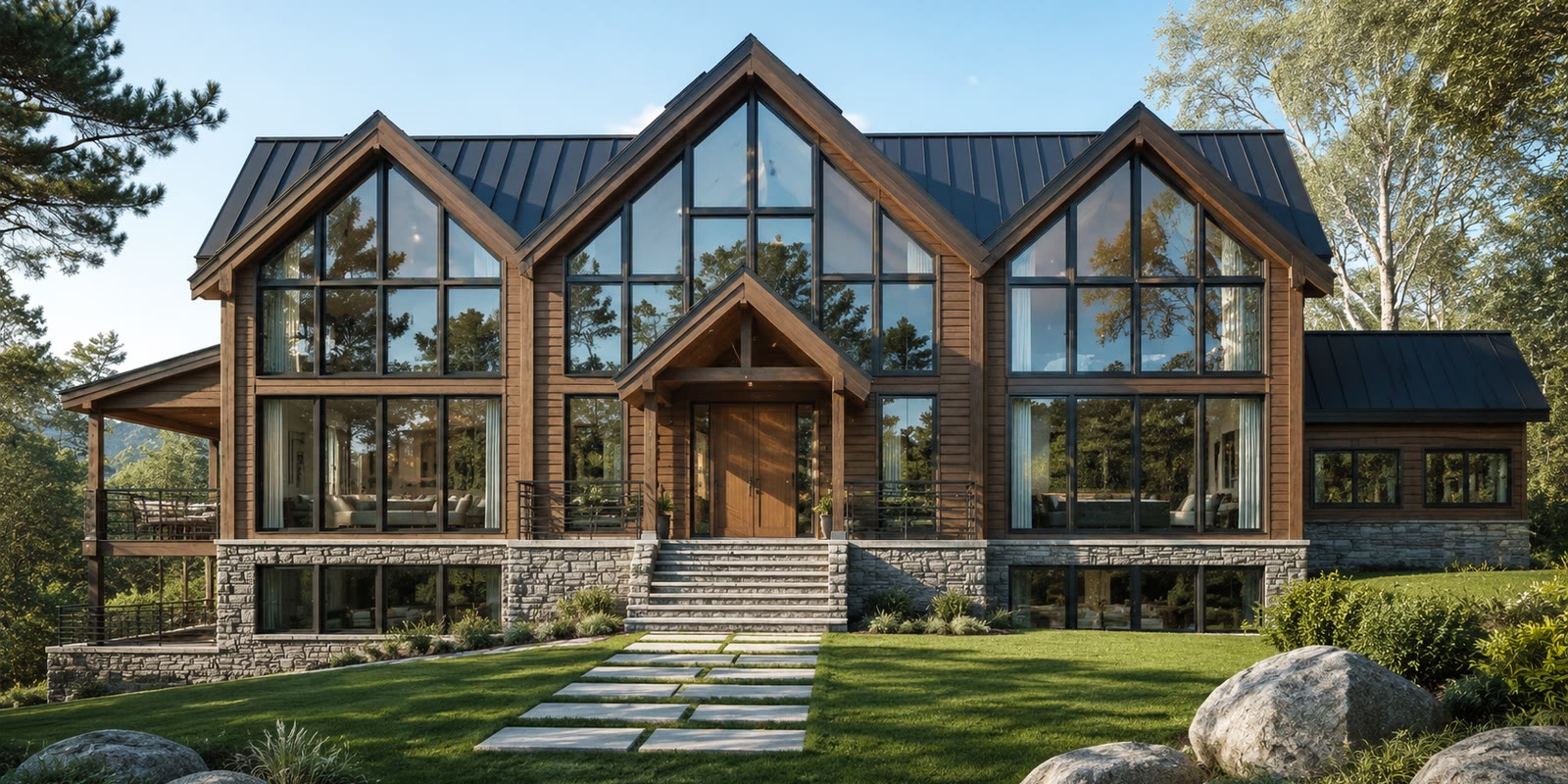 Enertia Legacy home — triple-gable timber-frame with floor-to-ceiling glass and stone base