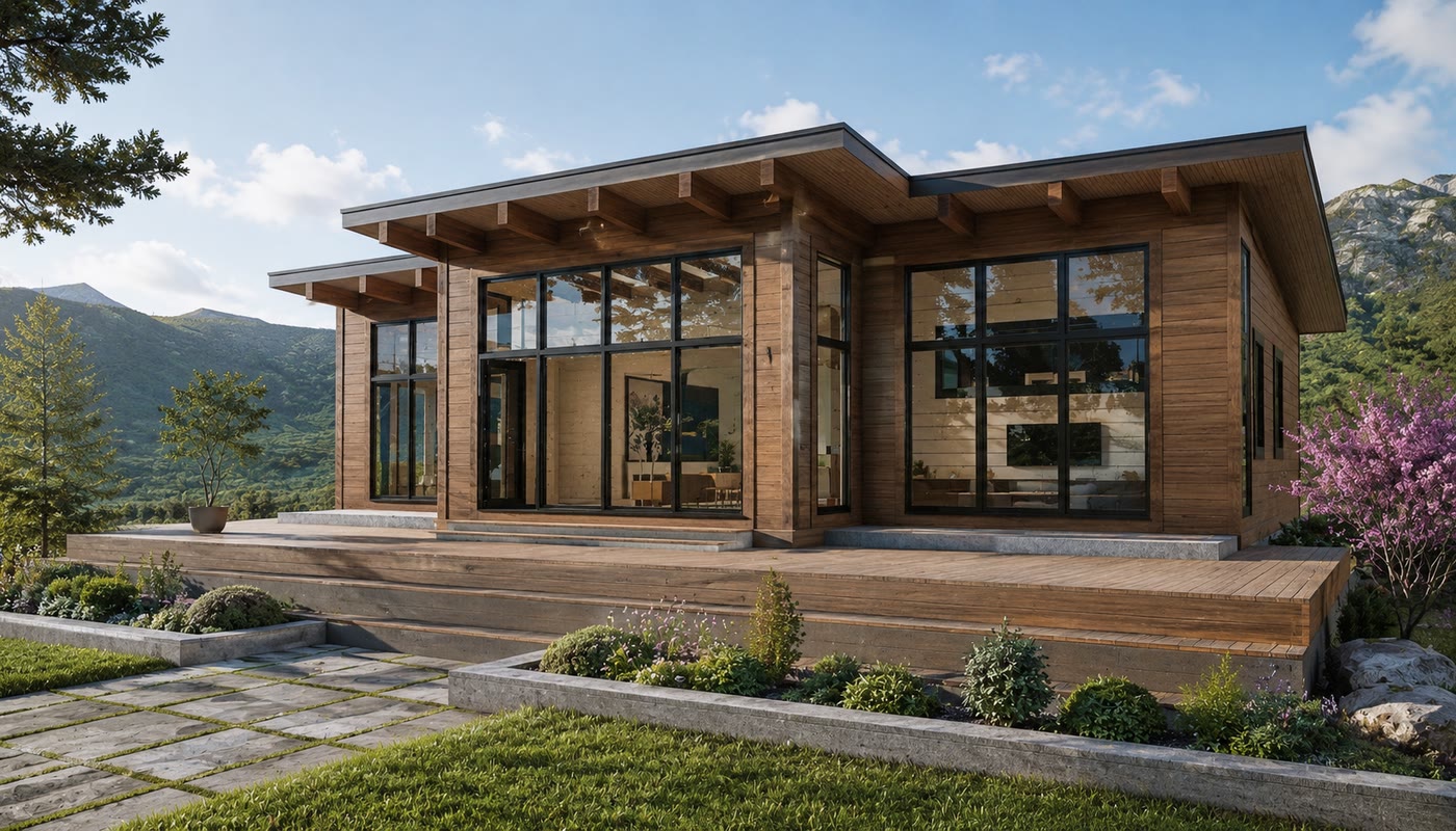 Enertia Nova home — timber and glass modern cottage on stone plinth