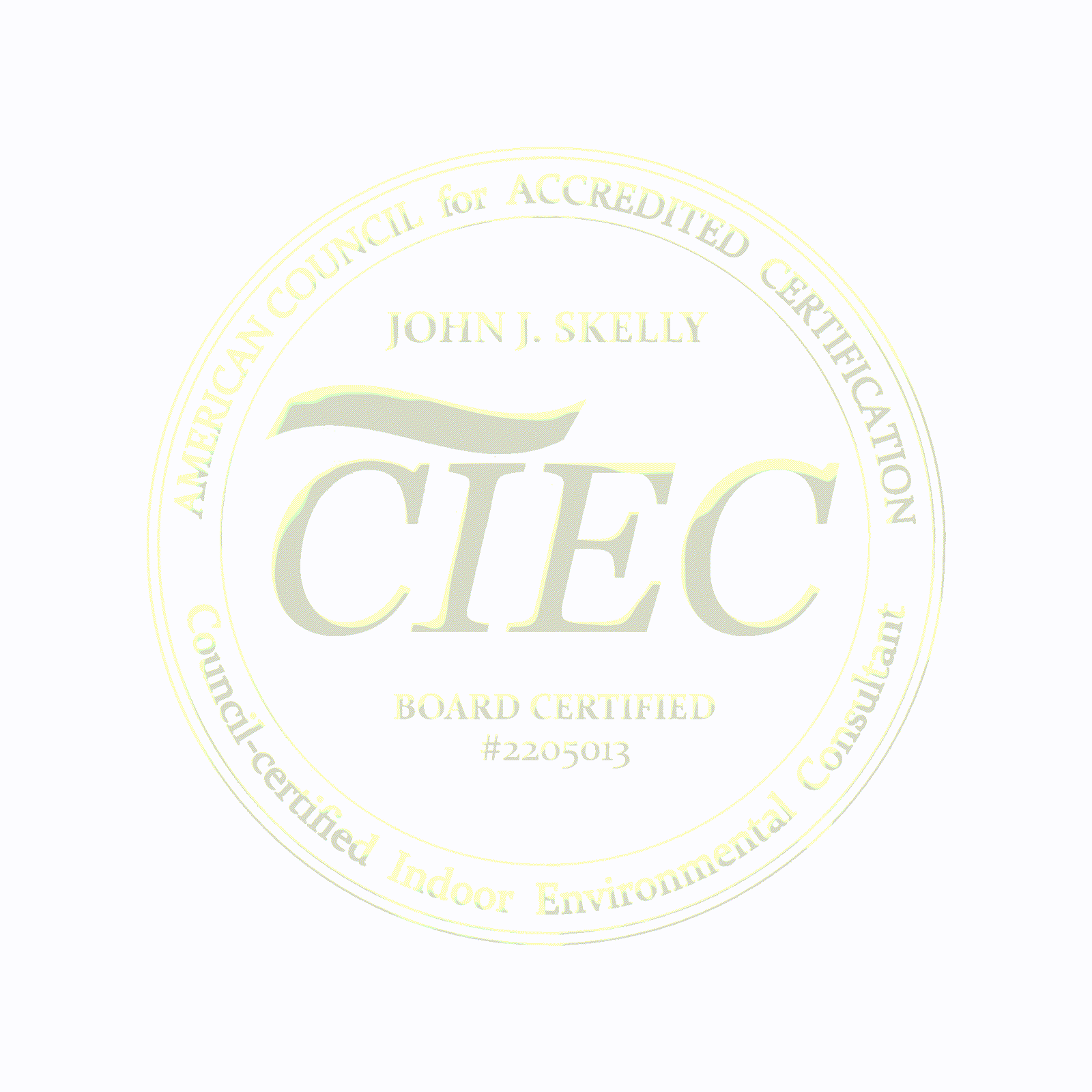 ACAC Council Certified Indoor Environmental Consultant badge for John J. Skelly, #2205013