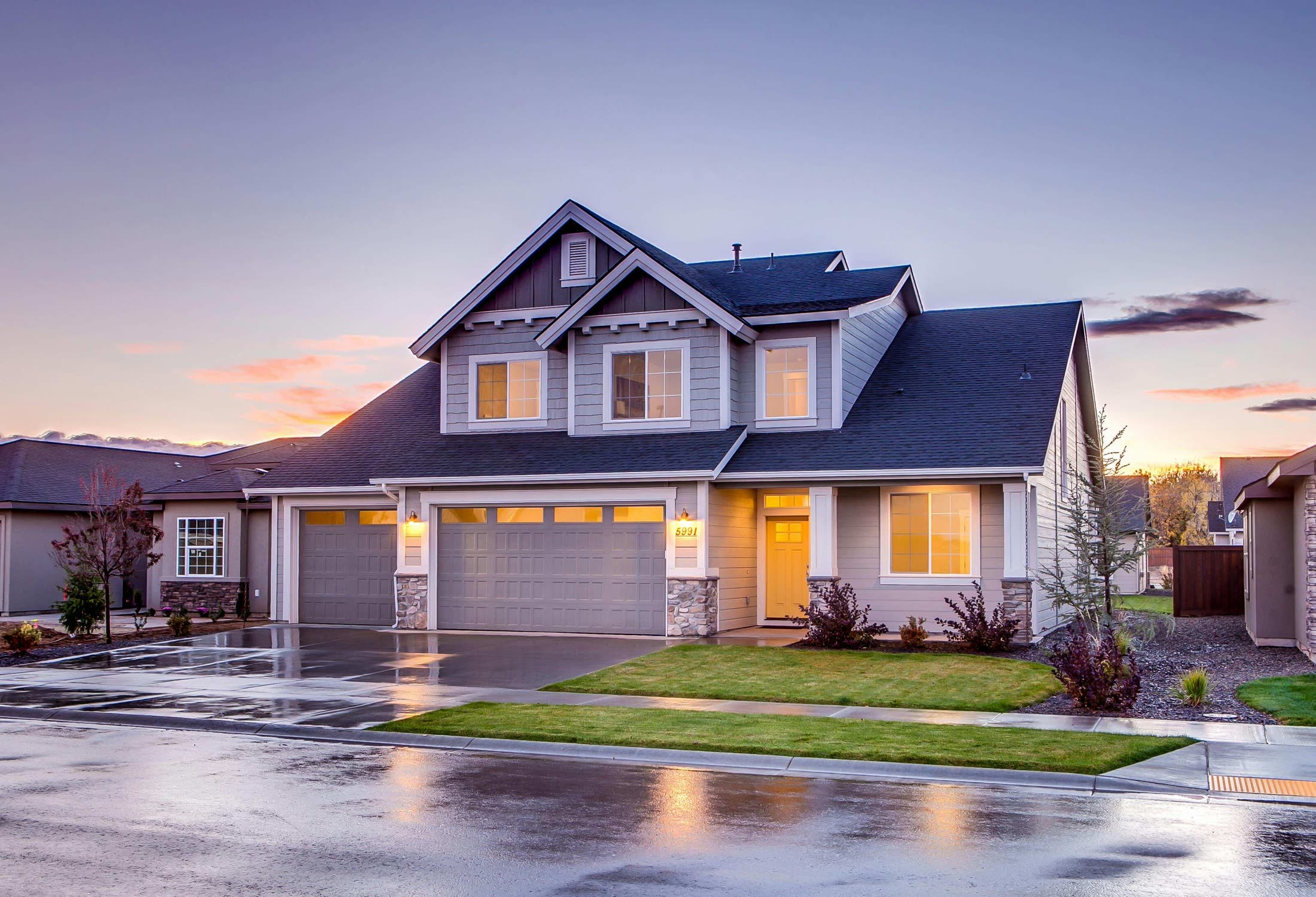 Family home exterior at twilight