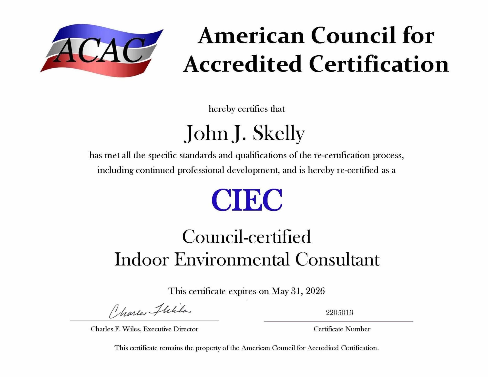 ACAC CIEC recertification certificate 2026