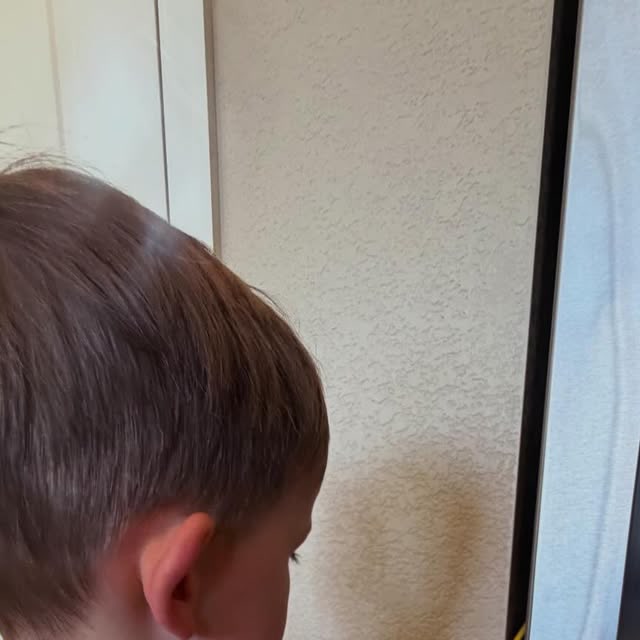 Child holding a toy EMF meter to the kitchen refrigerator