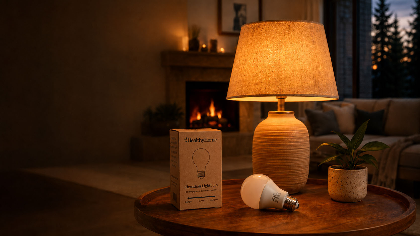 HealthyHome Circadian Lightbulb box on a wooden side table beside a linen-shade lamp, warm campfire glow, fireplace and dusk window behind