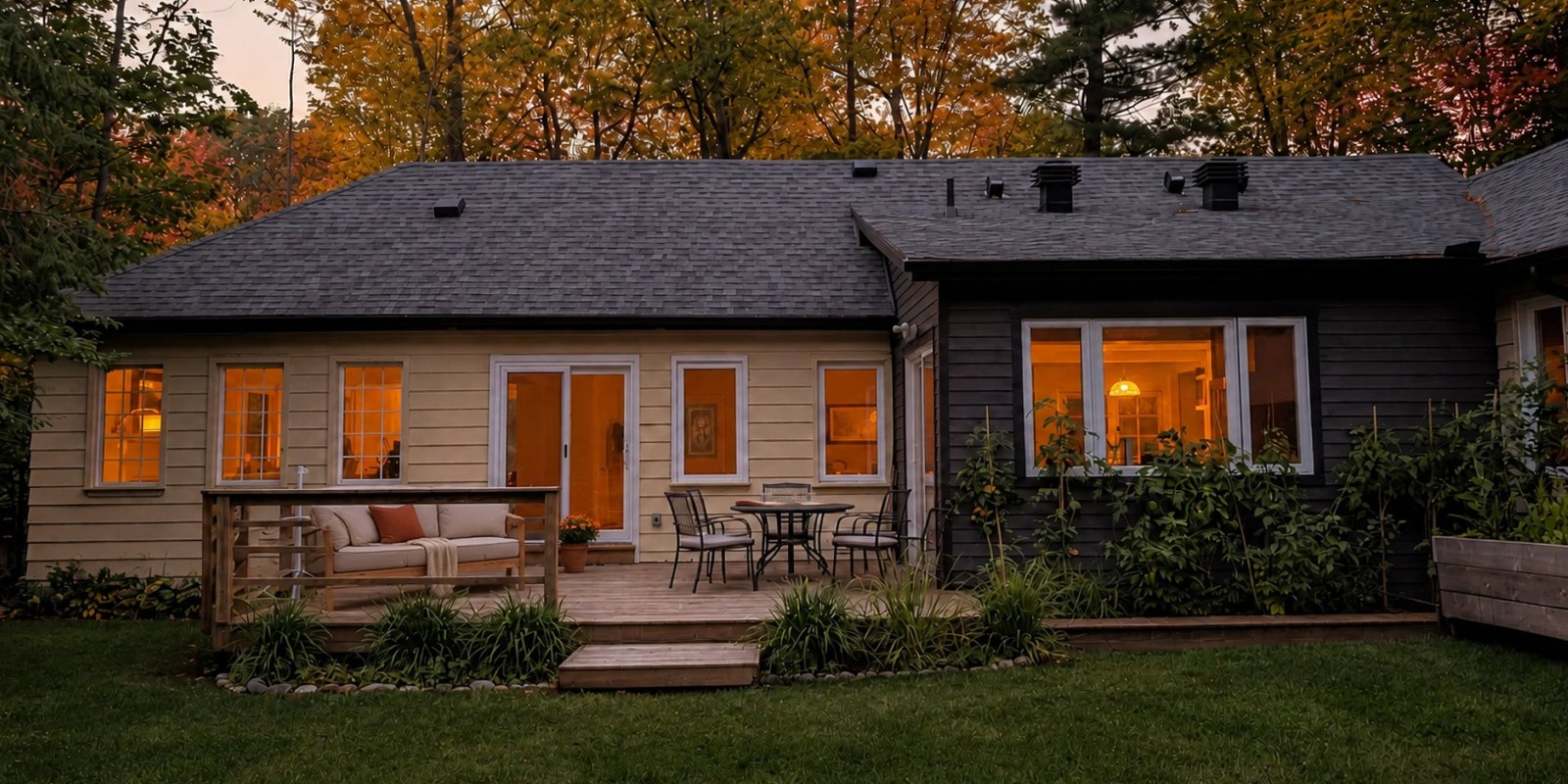 Warm-lit cottage exterior at dusk surrounded by autumn trees, every window glowing amber