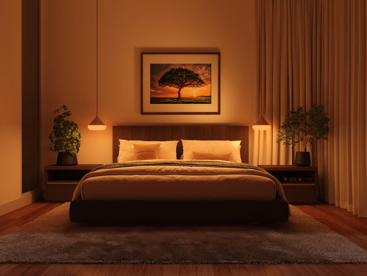 Bedroom bedside lamp lit with a Circadian Lightbulb — warm amber glow across linens and headboard