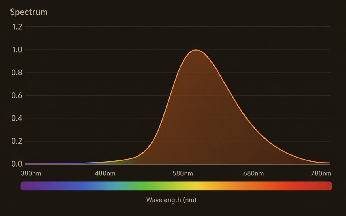 Spectral power distribution chart for the 'Campfire' setting — long-wavelength weighted, minimal blue