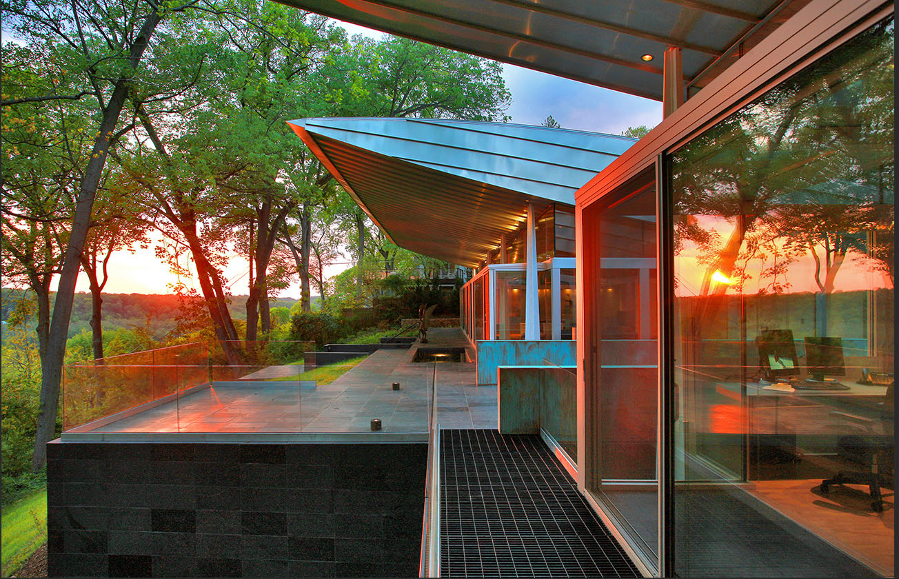 Gelman Salop Residence — copper terrace at golden hour, Maryland
