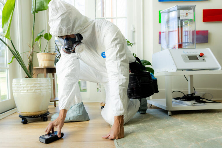 Chapman Stephens in Tyvek protective suit using a moisture meter during inspection